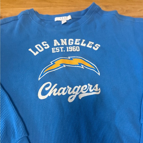 Women's WEAR by Erin Andrews Blue Los Angeles Chargers Waffle Knit Long Sleeve - Picture 3 of 7